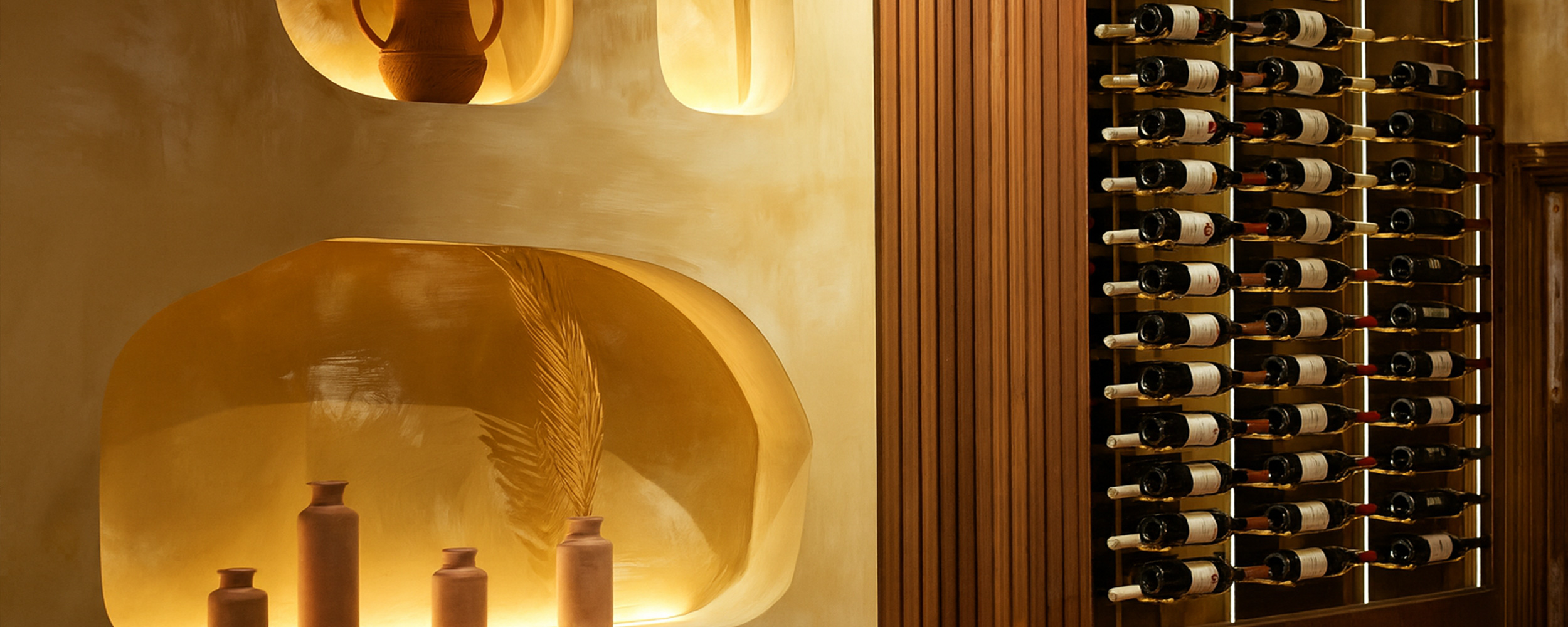Layali Miami wine wall with illuminated vessels and terracotta amphora