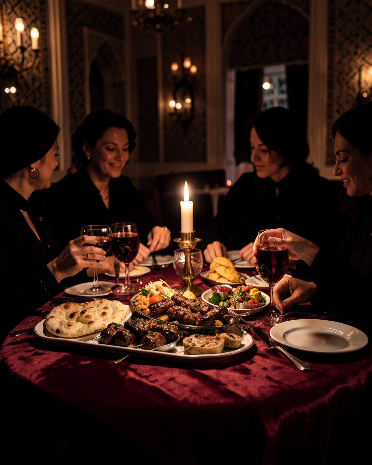 Friends sharing Lebanese dishes at a candlelit table