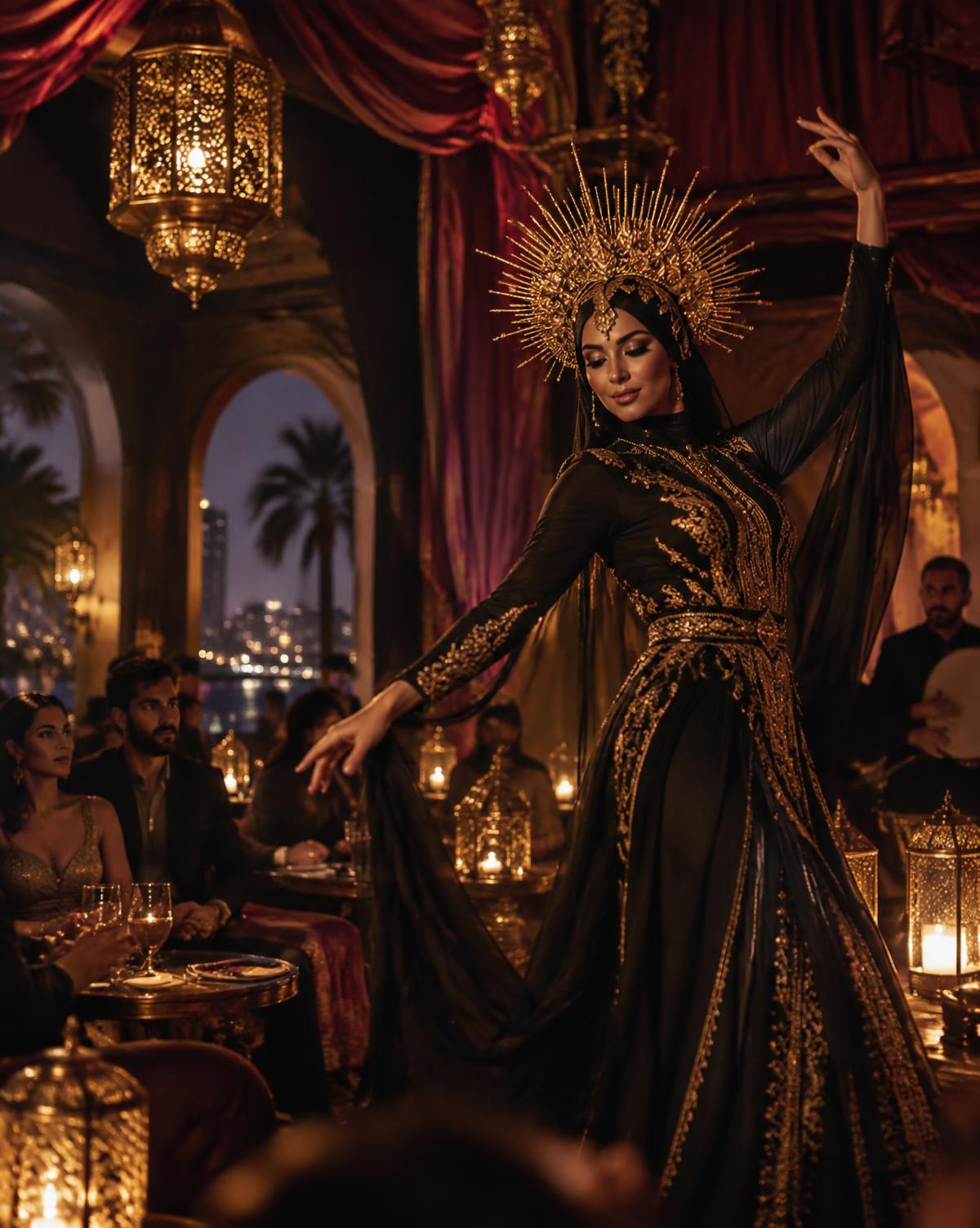 Arabic live performer in an elegant black and gold costume